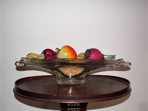 Awesome Mario Sandon Art Glass Fruit Bowl with 9 Glass Fruit  and Vegetables - Bowl and Some Fruit Are Signed Also - Bowl Has Small Rough Area on One Edge - Bowl Measures 5" tall 22" by 12" 