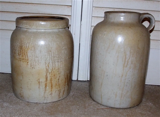 Unusual Stone Storage Jar with Handle and Stone Crock with Lid - Lid Has Some  Chips - Measures 9" tall 