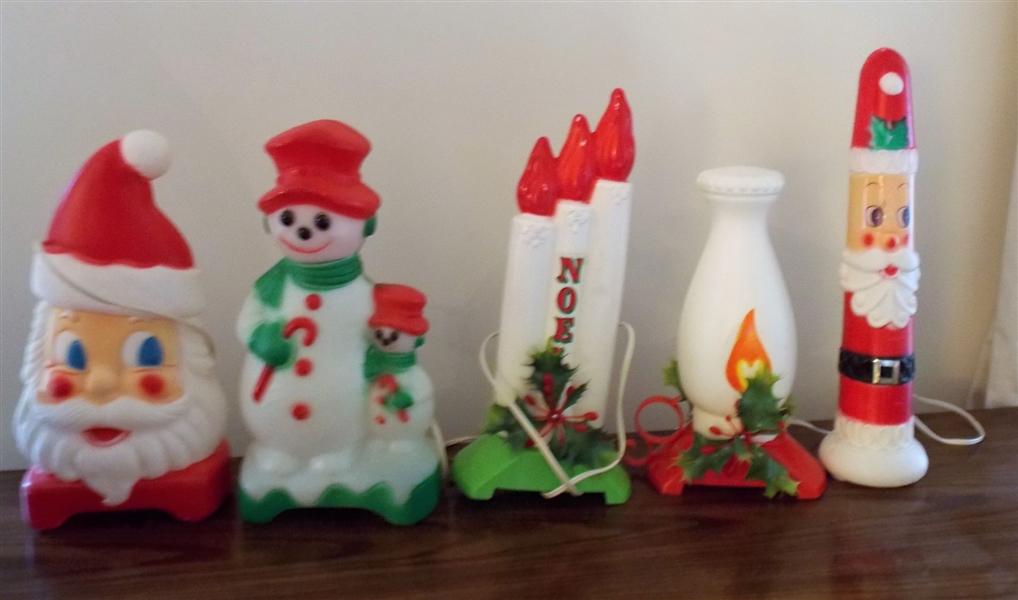 5 Christmas Blow Mold Decorations including Snowman, Santas, and Candles- Snowman is 12" Tall 