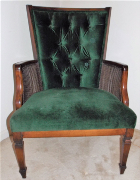 Green Velvet Upholstered Chair with Cane Sides - Button Tufted Back - Measures 38 1/2" tall 26 1/2" by 22" 