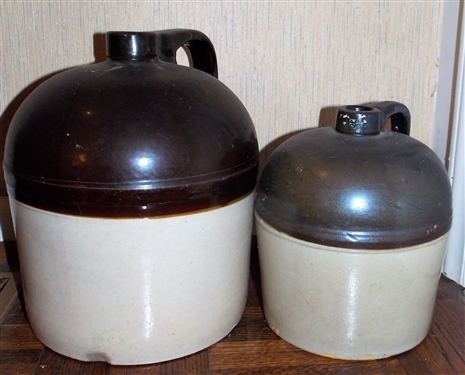2 Brown and White Stone Jugs - 10" and 8" Tall 