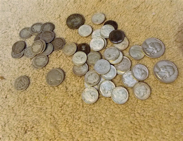 Lot of Silver Coins including  Mixture of 18 Barber / Seated and 31 Roosevelt, 2 Silver Quarters, Foreign Coin, and 2 Buffalo Nickles