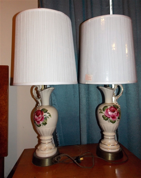 Pair of Rose Decorated Table Lamps with Pleated Shades - Each Measures 30 1/2" 