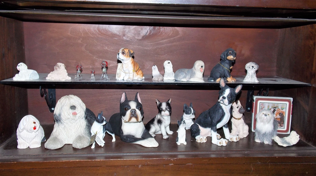 2 Shelves of Dog Figures including Art Glass, Fur, and Ceramic