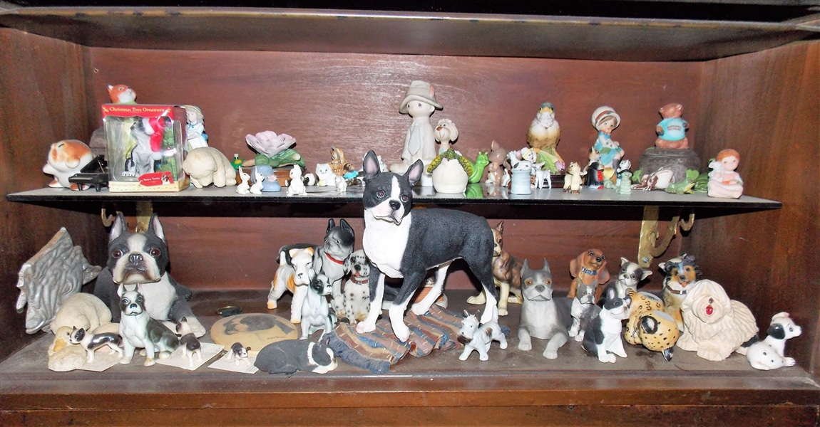 2 Shelves of Figures including Dogs, Cats, Rabbits, Flowers, and Precious Moments