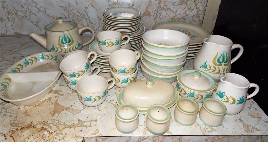 58 Piece Set of Franciscan "Interpace" Earthware China including Pitcher, Teapot, Divided Bowl, 10  3/4" Plates, 6 1/4" bowls, 6 3/4" Plates, and 8" Plates