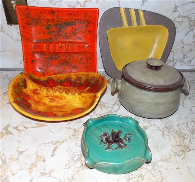 4 Mid Century Ashtrays and Bean Pot - Welsh Pottery, Arneis, and Inarco