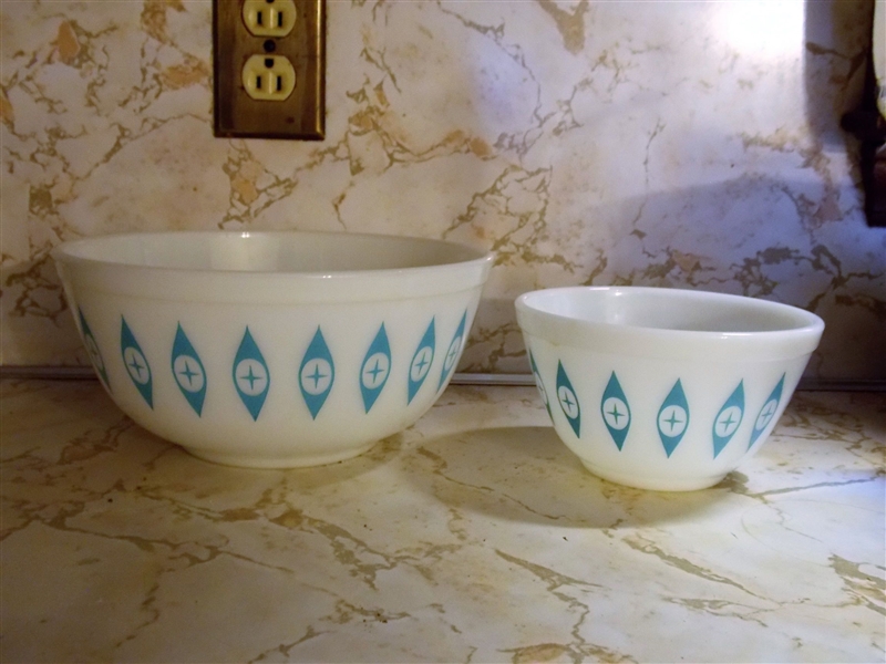 2 White Mixing Bowls with Turquoise "Eyes" Decoration - Largest is 8 1/2" Across Smaller 6"