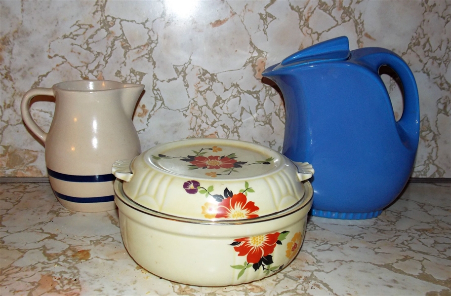 Halls Blue Pitcher, Halls Covered Dish with Lid, and Small Roseville Pitcher with Blue Bands - 6" tall 