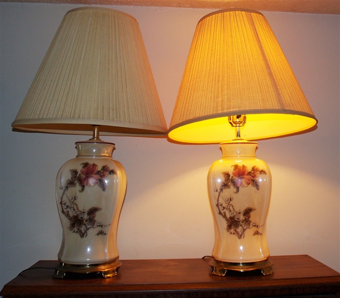 Pair of Table Lamps with Floral Decoration - Lighted at Top and Bottom - 30" Overall Height