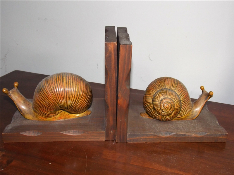 Pair of Ceramic Snail Bookends on Wood Bases 