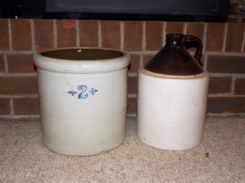 2 Gallon Stone Crock and Brown and White Stone Jug - Crock Measures 9 1/2" tall 9 1/2" Across