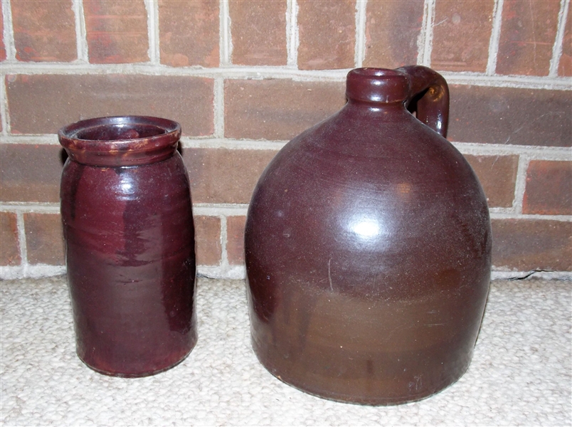 Brown Pottery Jug and Storage Jar - Jar Measures 8" Tall 