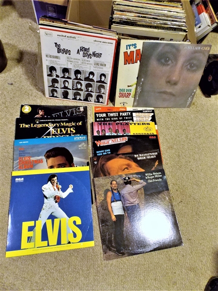 Lot of Albums including Elvis, Hank Williams Jr., Cher, Donna Summer, Willie Nelson, Johnny Cash,Kenny Rogers,Chuck Berry, The Platters, Johnny Rivers, The Beatles, Patsy Cline