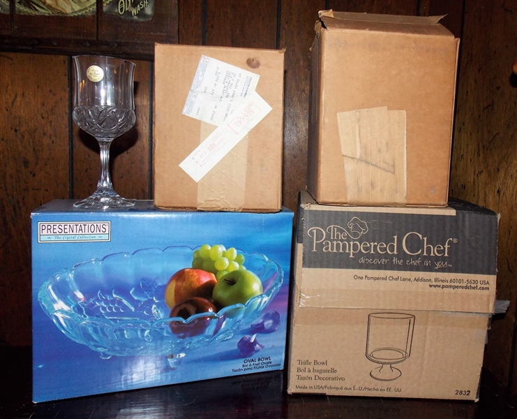 8 Matching Cristal de Flandre 7 1/4" Glasses, Presentations Fruit Bowl, and The Pampered Chef Trifle Bowl - All New in Boxes