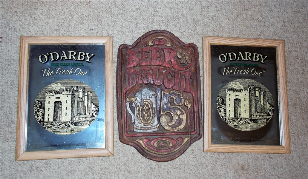2 - ODarby Irish Cream Liquor Mirrored Signs Measuring - 15 1/2" by 12" and Chalk Beer on Draught Plaque