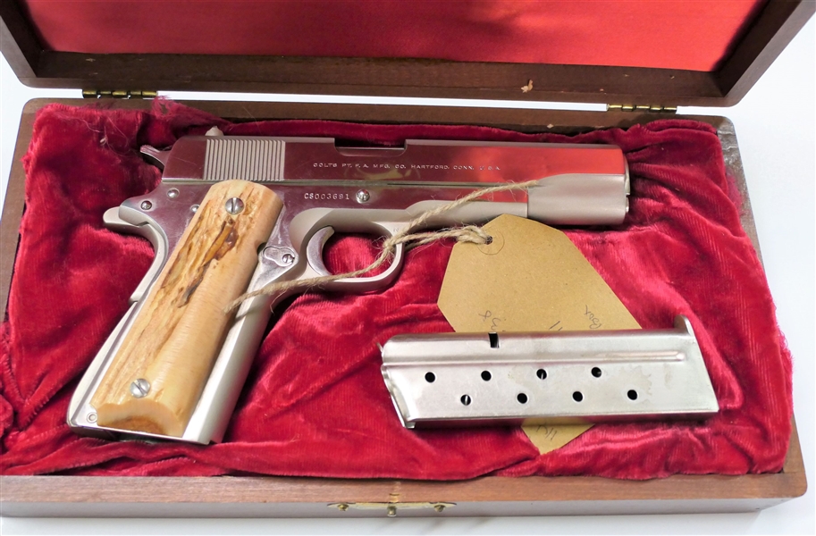 1970 1st Production Colt Gov. Model  Super.38 Nickel Pistol- Stag Grips -  Wood Box