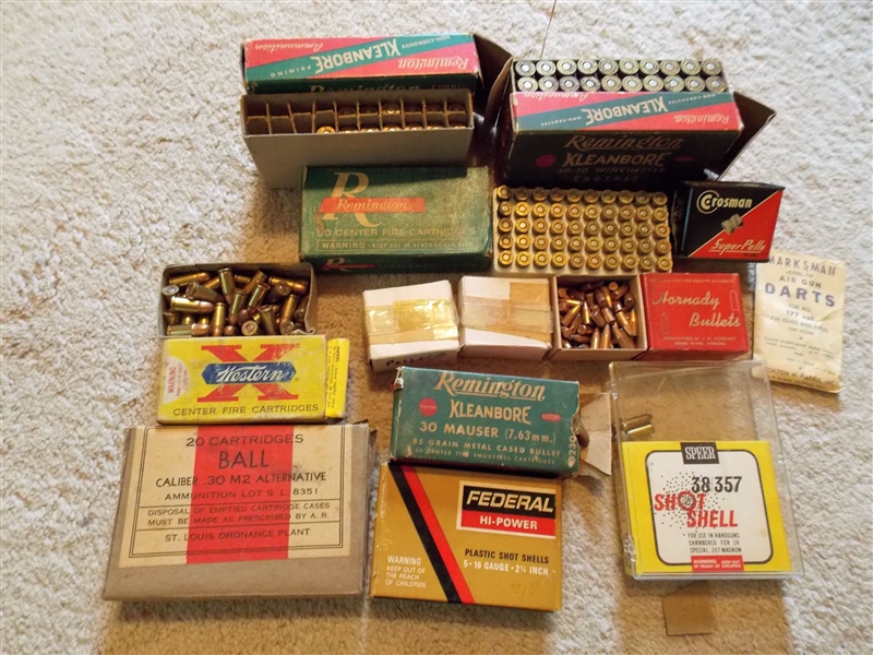 Mixed Lot of Ammo including Full Boxes of Remington Kleanbore 30-30, Remington .32,  .30 Caliber M2 Alternative, 16 Gauge Shells - Mostly full 30 Mausers, Hornady Bullet Tips, Pellets Mostly Full,...