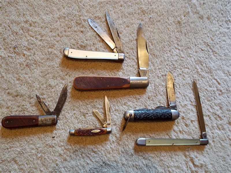 6 Knives including Barlow with 2 Blades Cracked handle  and 5 Sabre - Pearl Handled Sabre Measures 5 1/2" Closed 