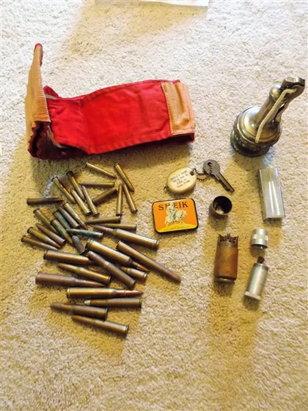 Ammo Belt, Lighters, Bullets, Sheik Tin, 1943 Trench Art Lighter with 1938 Half Penny, Bullets, and Comet Japan Lighter