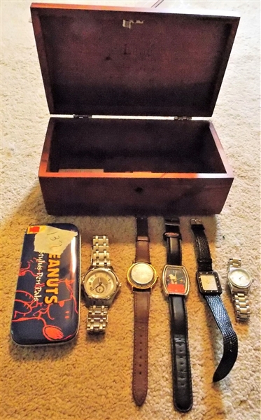Lane Cedar Box with Lot of Watches including Peanuts, Wenger Swiss Military, ESQ Swiss, and Snoopy