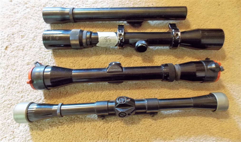 4 Scopes including - Tasco 2.5X - 8X32 Zoom Scope and Bushnell Riflescope, Weaver K.25, Browning 2x-7x, and Weaver 22 Tip Off