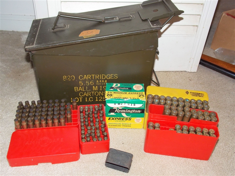 Metal Ammo Can with Full Weatherby 300 mag.& 308 Win, Box Full of 20 Gauge, Assorted Shells in Ammox Box, and Empty 308 Win Cases and Empty .22 Hornet Shells 