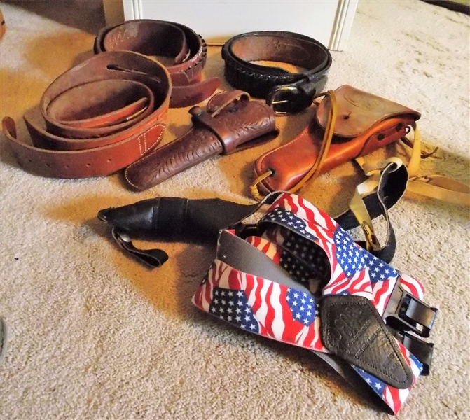 3 Bullet Belts, US Holster, Tooled Leather Holster, and Perry American Flag Suspenders - Brown Tooled Belt Hunter Size Med