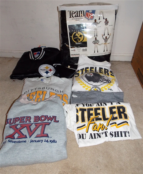 New Steelers Blanket, New Steelers Jacket Size Large, 2 Steelers Sweatshirt, 1982 Superbowl Sweatshirt, and 2 Steelers T-Shirts