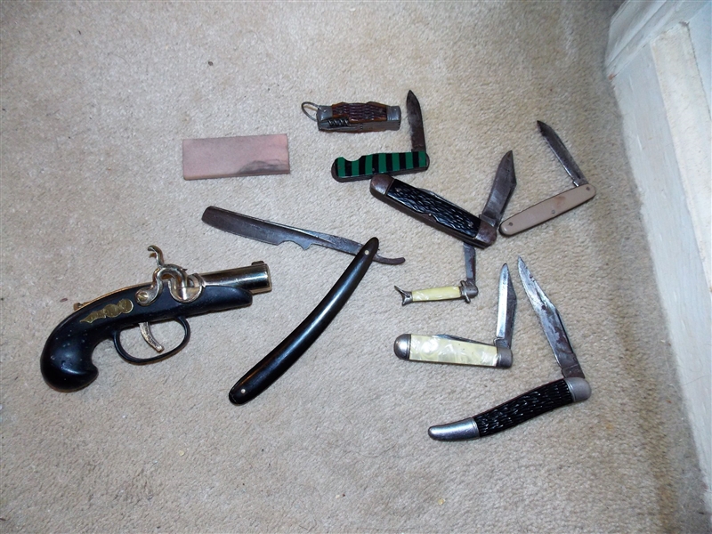 Lot of Knives, Straight Razor, and Lighter