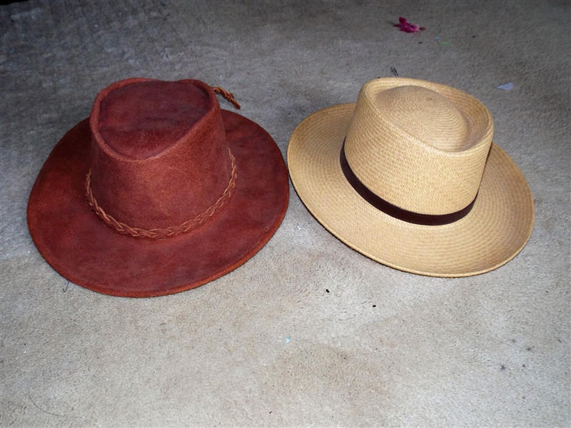 Stetson Straw Hat Size Medium and Brown Leather Hat - Size Large 