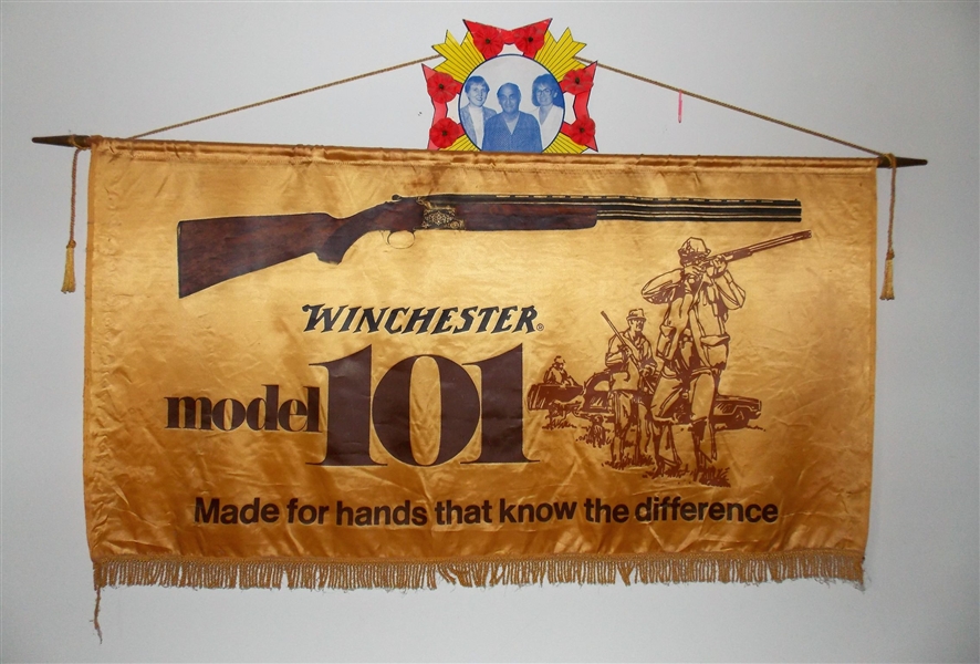Winchester Model 101 Satin Banner and 1989 Veterans of Foreign Wars and Ladies Auxiliary Cardboard - Banner Measures 24" by 45" 