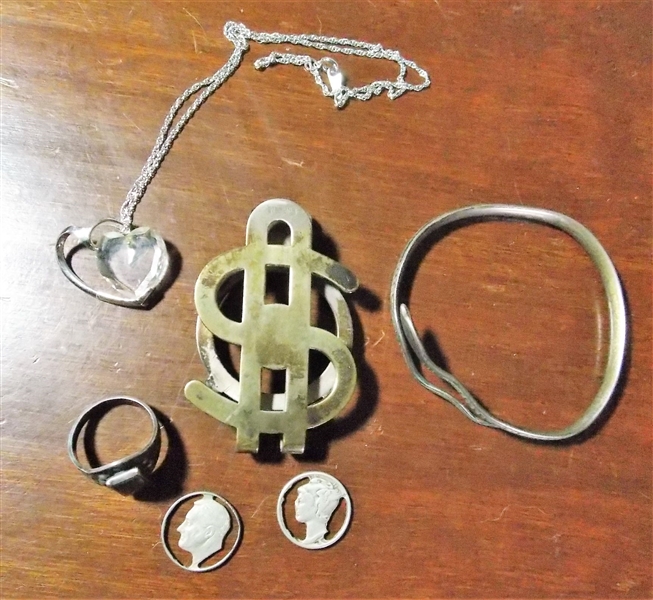 Sterling Silver Money Clip, 2 Cut Out Silver Dimes, Sterling Necklace, Ring, and Snake Bracelet