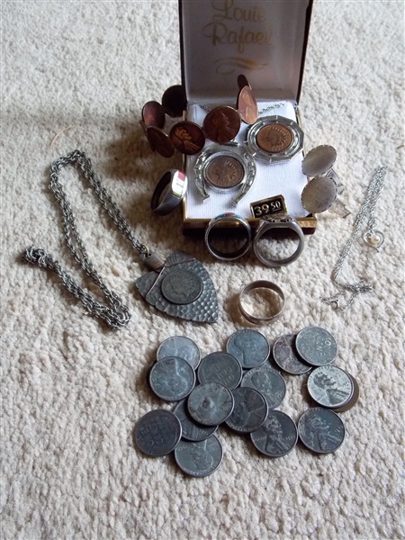 Steel Pennies, Penny Necklaces, Bracelet, and Medallion, and Silver Tone Rings, and Cufflinks