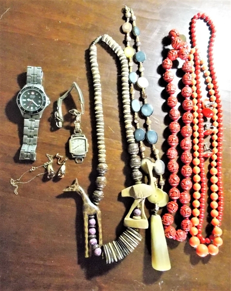 Jewelry and Watch Lot including Elgin Watch, Horn Necklace, Wegner Military Watch, Red Beads, Etc. 