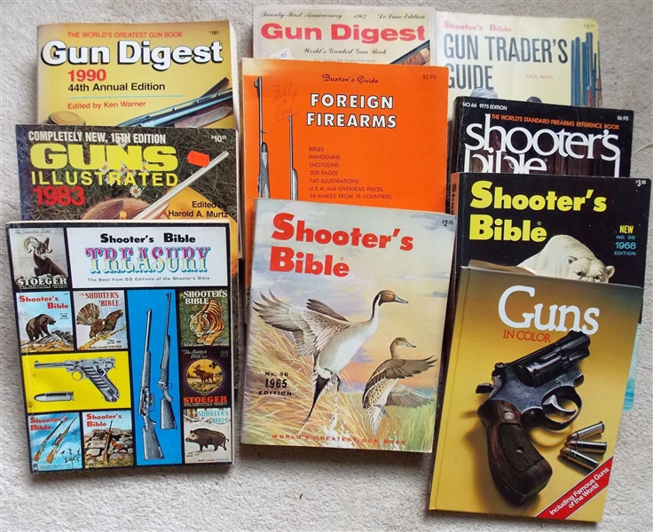 10 Gun Books including 1965 Shooters Bible, 1968 Shooters Bible, Guns in Color, 1964 Gun Traders Guide, and More