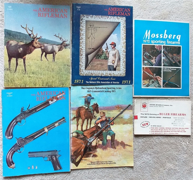 3 1971 Issues of "The American Rifleman", Mossberg 1972 Sporting Firearms, 1973 Ruger Firearms Catalog, and 1971 Harrington & Richardson Sporting Arms Centennial Catalog 1871-1971
