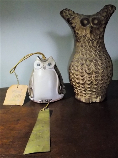 Wind Bells Owl Wind Chime and Royal Haeger Bird Planter / Vase - 11 1/2" tall