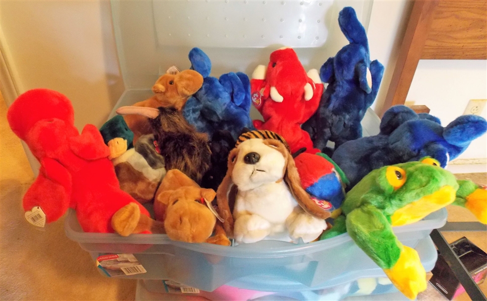 Box of TY Stuffed Animals in Plastic Storage Tote including Elephant, Hippo, Duck, Spider, Camel, Frog, Red Bull, Beagle - 13 Total  all with Original Ear Tags
