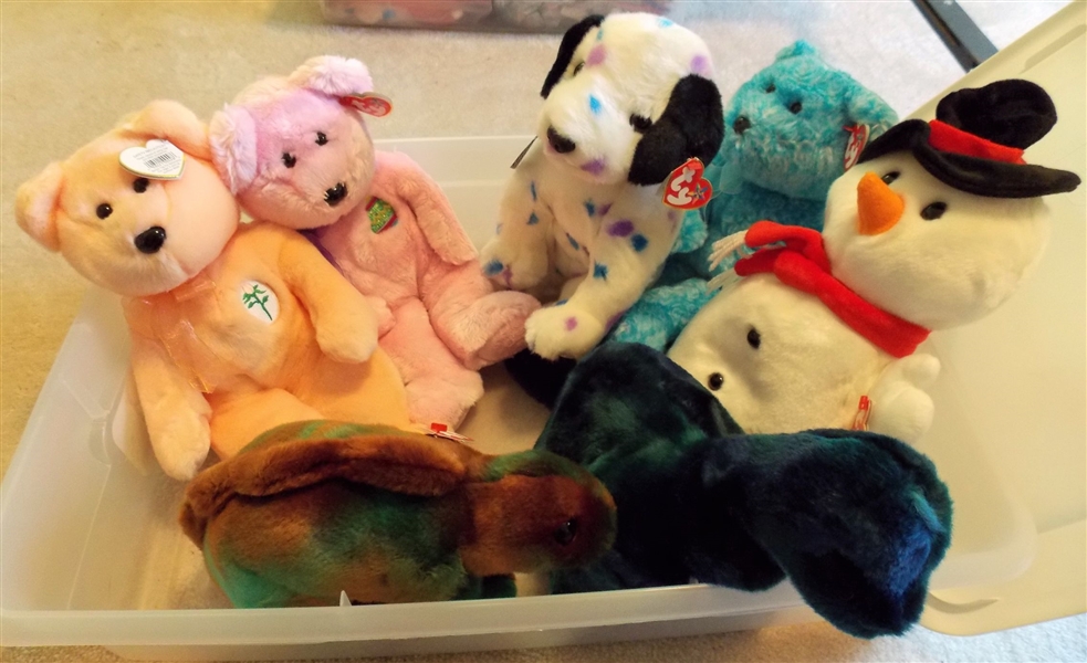 7 TY Stuffed Animals in Storage Container - Pink Bears, Dog, Snowman, and Dinosaurs