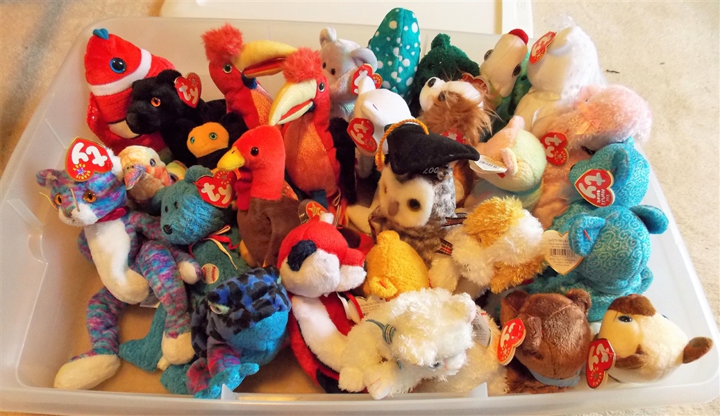 Plastic Storage Box Full of Ty Beanie Babies including Birds, Fish, Bears, Poodles, Owl, Etc. 30 Total  all with Original Ear Tags