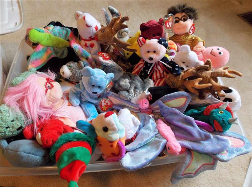 Plastic Storage Box Full of Ty Beanie Babies including People, Butterflies, Octopus, Halloween, Bears, etc. 45 Total all with Original Ear Tags