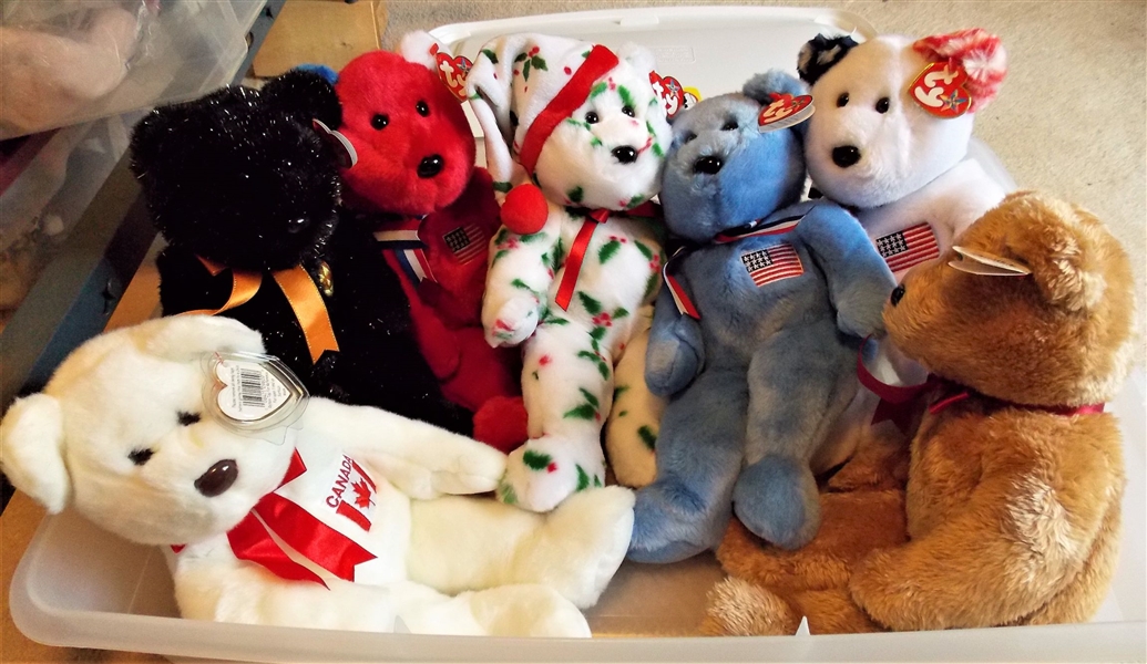 7 TY Stuffed Animal Bears in Storage Container - Christmas, Canada, Halloween. Etc. 