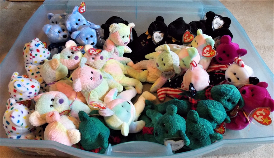 Plastic Storage Box Full of TY Beanie Baby Bears - 33 Total  all with Original Ear Tags