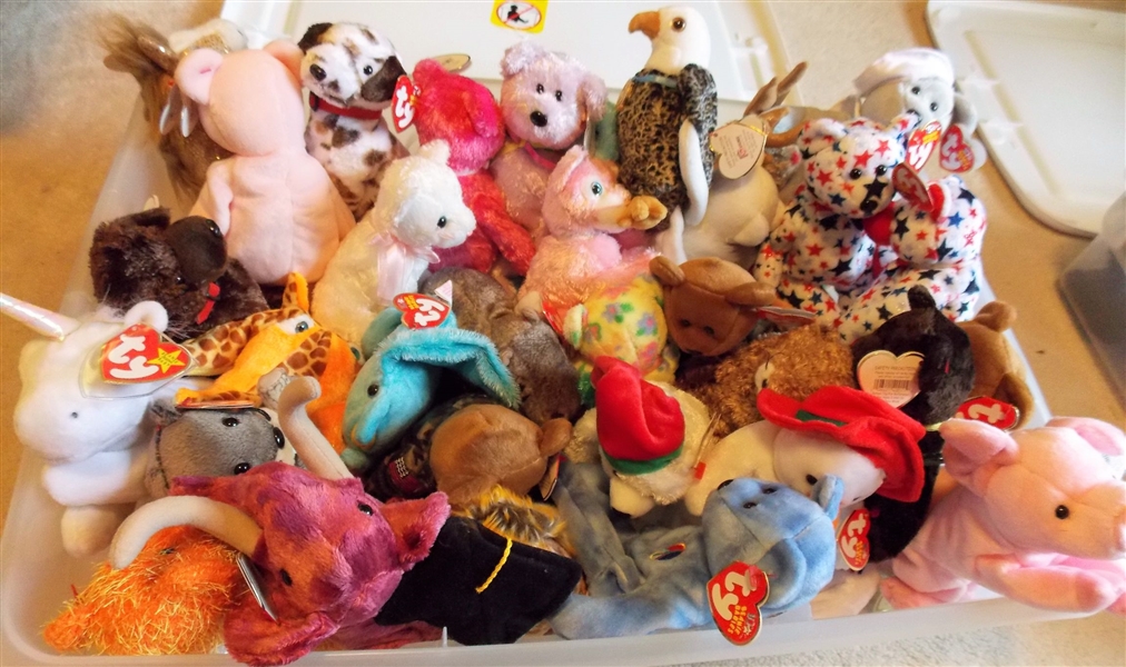 Plastic Storage Container of TY Beanie Babies Including Bears, Unicorn , Horses, Eagle, Star Fish, Beaver - 35 Total  all with Original Ear Tags