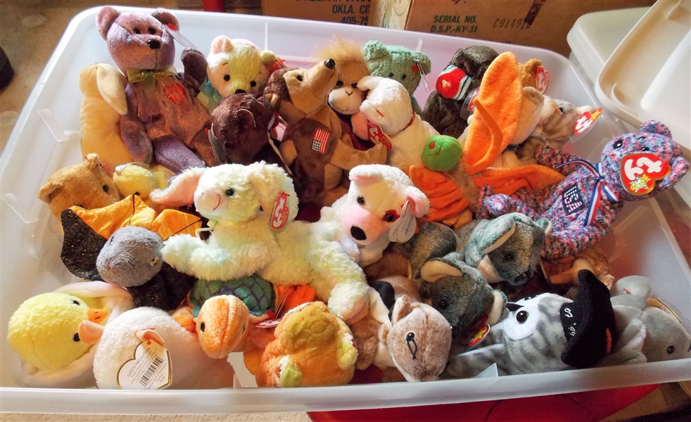 Plastic Storage Container of Ty Beanie Babies including Rabbits, Turtle, Owl, USA, Etc. - 33 Total  all with Original Ear Tags