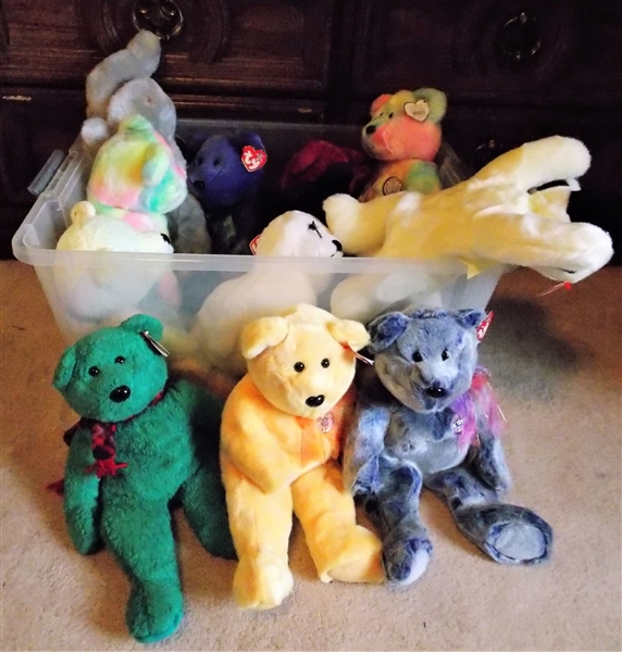 13 TY Beanie Buddies Stuffed Animals in Plastic Storage Container - Seal, Bears, Rabbits, Sheep,  all with Original Ear Tags