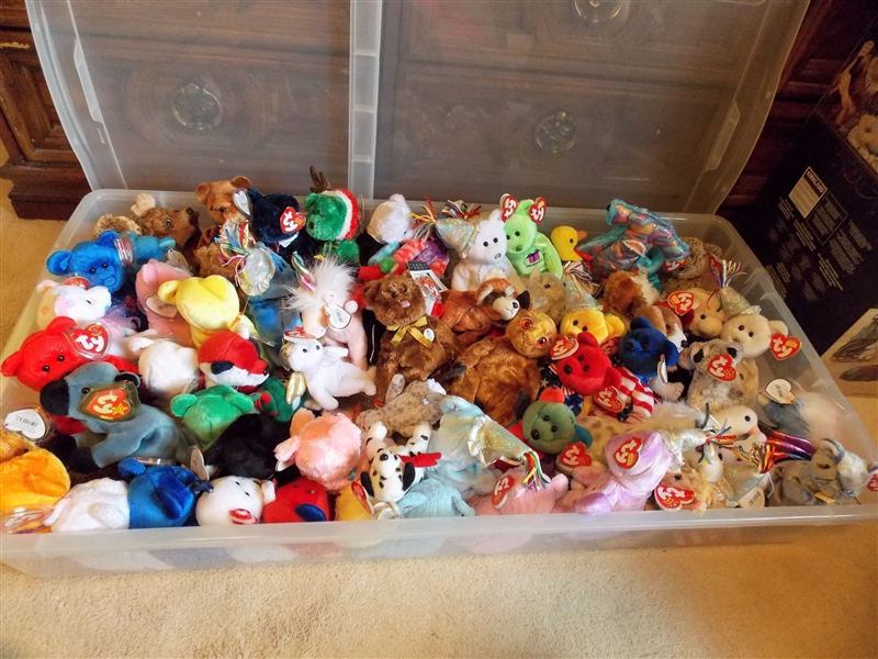 Larger Storage Container of TY Beanie Babies including Horses, Birthdays, Bat, Unicorns, Hammerhead Shark -  77 totalall with Original Ear Tags