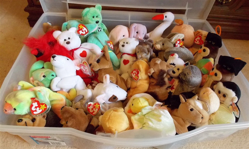 Plastic Storage Box Full of TY Beanie Babies including Rabbits, Bears, Owls, Birds, Horses, Etc. 41 Total  all with Original Ear Tags
