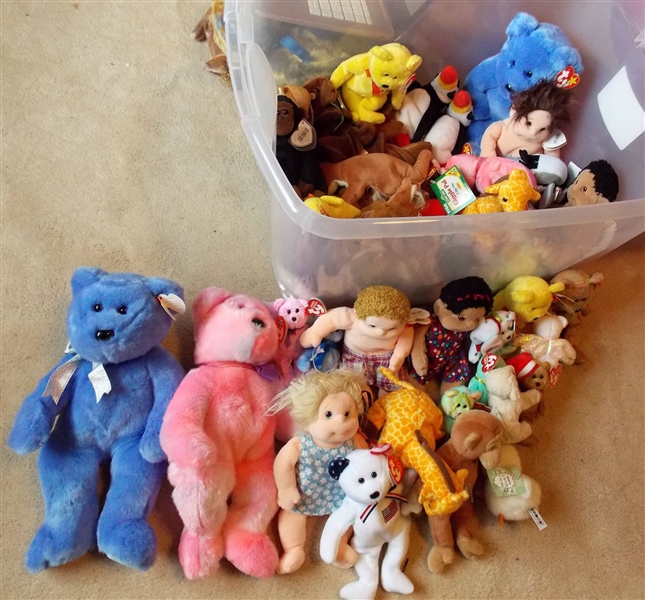 Plastic Storage Box Full of Ty Beanie Babies and Buddies including People, Ducks, Crabs, Bears, Giraffes, Etc. - 49 Total  all with Original Ear Tags